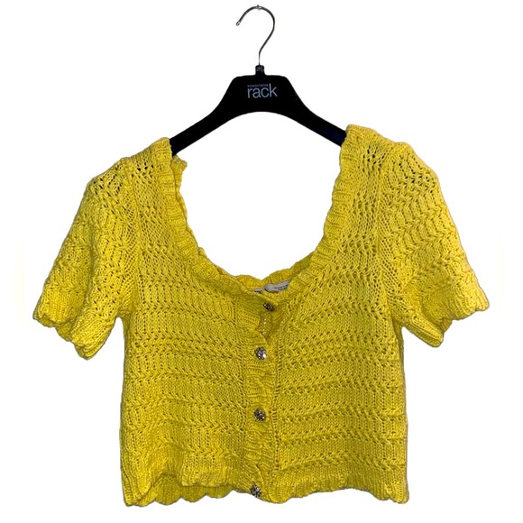 Zara Tops - ZARA YELLOW TEXTURED KNIT TOP JEWEL BUTTON